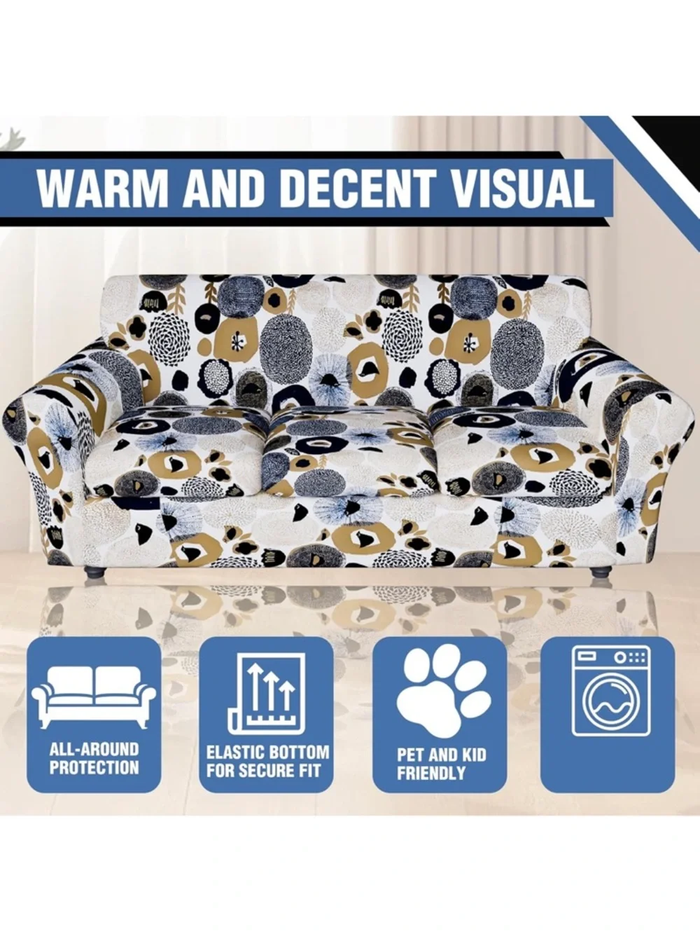 Printed Floral Stretch Sofa Slipcover - Blue & Tan